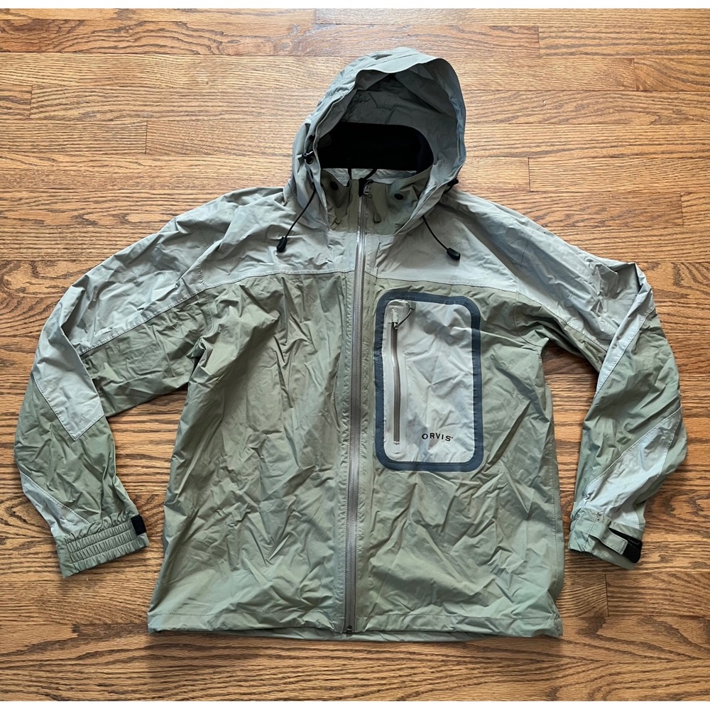 Orvis Rod and Tackle Mens Hooded Rain Jacket Sage Green Fishing Shell L